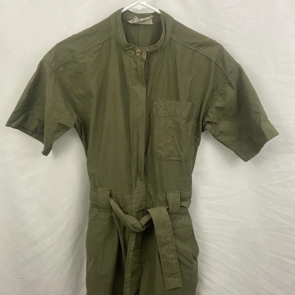 Everlane The Fatigue Utility Short Sleeve Linen Blend Jumpsuit Army Green Sz 00 - Picture 4 of 12